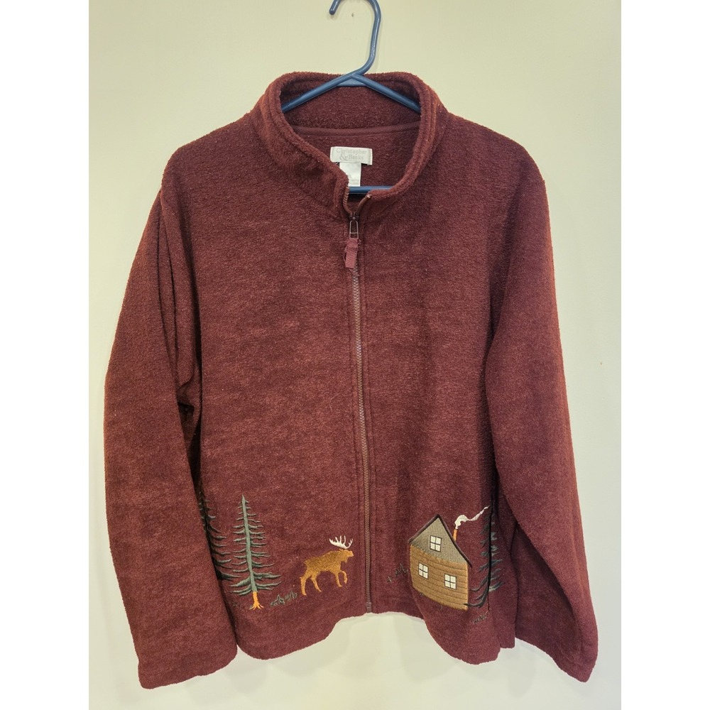 Women's XL Brown Moose Cabin Embroidered Full Zip Fleece Jacket Woodland